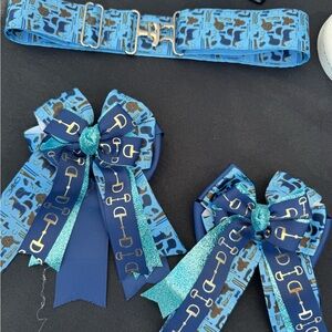 Equestrian belt adjustable from 22 to 44 inches and 2pc Bow Set in blue